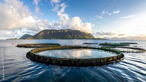 Aquaculture farm with circular net pens in a bay. Mountains and sky are in background