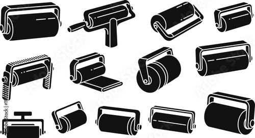 Set of black silhouettes of hand ink rollers, brayers, and printmaking tools for art, linocut, block printing, and rubber rolling equipment on white.