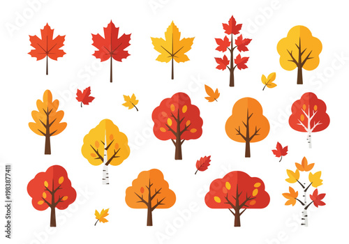 Collection of colorful autumn trees and falling leaves, depicting seasonal changes in nature with vibrant hues
