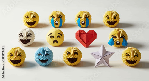 Emotional emoji faces with heart and star on white background representing various states of mind and feelings in a colorful and playful arrangement