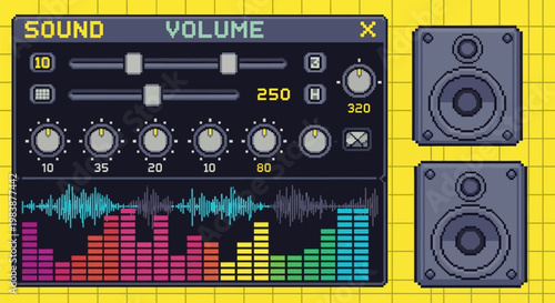 Sound equalizer interface with speakers on yellow grid background audio waveform and volume controls