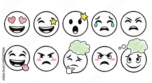 Diverse emoticon faces expressing various emotions and reactions on white background