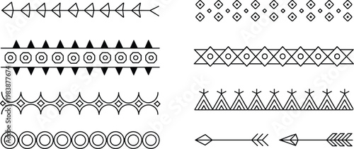 Black and White Geometric Borders and Tribal Arrow Designs on White Background pattern