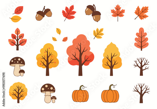 Collection of autumnal elements, including acorns, colorful leaves, mushroom, pumpkin, and deciduous trees, evoking the essence of fall season