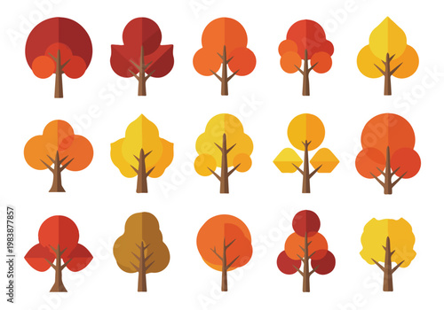 A collection of colorful, stylized trees in autumn hues, representing fall foliage and seasonal change, perfect for seasonal decor and natural themes