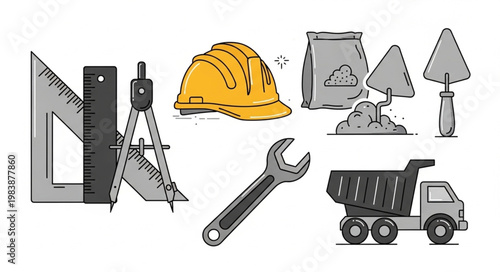Construction tools and equipment illustration with hard hat and truck.