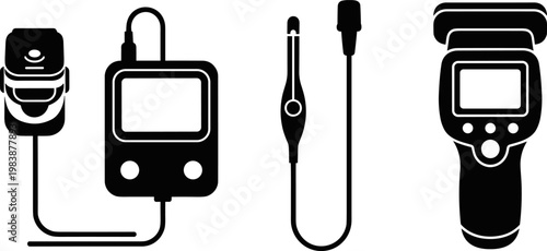 Medical diagnostic equipment icons set, pulse oximeter, portable heart rate monitor, digital thermometer, and electronic blood pressure scanner silhouettes, 