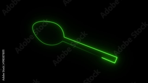 Glowing green neon line Spoon icon isolated on a black background. Cooking utensil. Cutlery sign. 4K motion animation videos