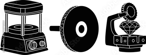Lapidary equipment silhouettes featuring a jewelry faceting machine, professional diamond grinding wheel, and precision gemstone polishing tool for jewelry makers and industrial gem cutting,