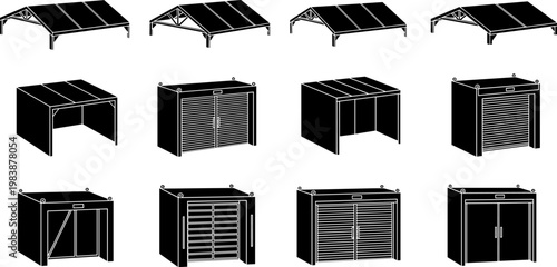 Isometric black silhouette vector icons set of portable storage containers, industrial modular garages, metal sheds, prefab carports, and secure logistics shipping units.