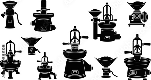 Industrial oil press machine silhouettes, vintage cold press extraction equipment icon set, traditional seed oil mill apparatus, 