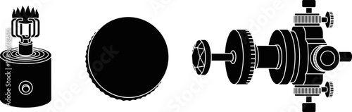 Industrial machinery technical vector silhouettes, mechanical burner components with flame, gear parts and precision equipment icons isolated on white background for manufacturing design.