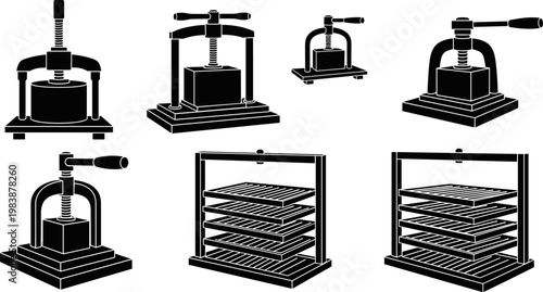 Industrial manual screw press and heavy duty mechanical compression machinery silhouettes, vintage metalwork equipment for manufacturing, engineering and factory workshop tool collection.