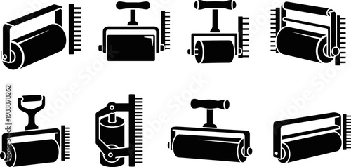 Industrial paint roller silhouettes, professional printing brayer icons with scraper tools, technical equipment set for manual coating and material application, vector graphic icons