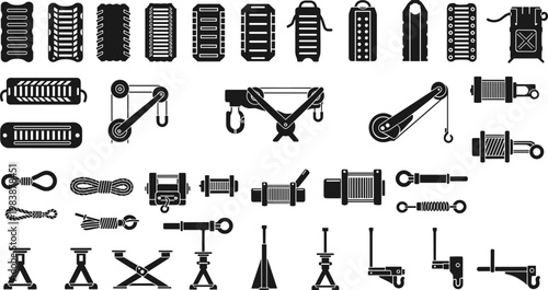 Heavy duty industrial lifting equipment silhouettes set, professional crane hoist machinery, winch cable components, mechanical pulley systems, hydraulic jack stands, and rigging hardware tools.