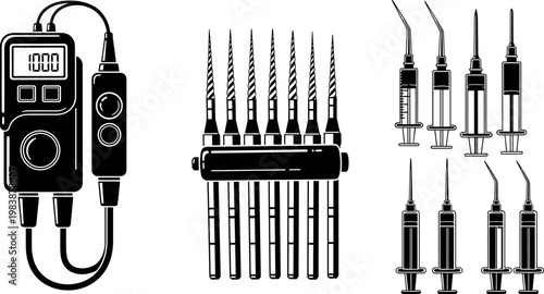 Dental Endodontic Equipment Set Featuring Apex Locator, Root Canal Files in Stand, and Professional Irrigation Syringes for Modern Stomatology Procedures, Vector Illustration
