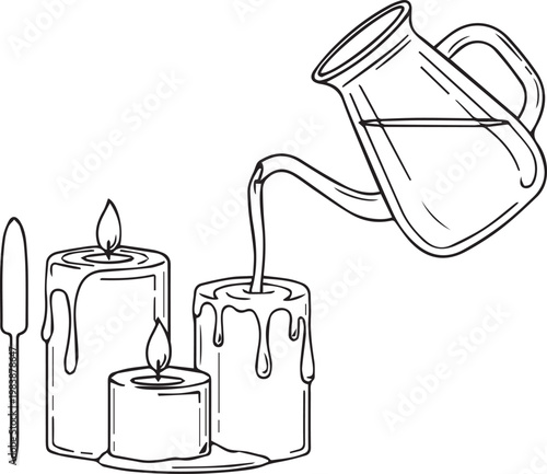 Pouring melted wax from a pitcher into a candle mold for candle making craft process as black and white vector line art illustration drawing
