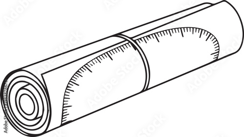 Rolled up paper scroll with measuring tape wrapped around it isolated on white background as professional construction or architecture vector icon