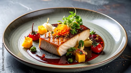 A refined dish of seared fish, plated with various vegetables