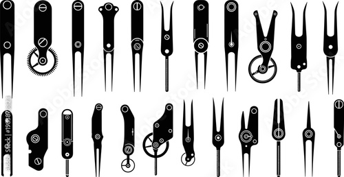 Black silhouettes of clockwork components, vintage watchmaker tools, mechanical gear levers, industrial hardware parts, and technical clock repair elements isolated on a white background.