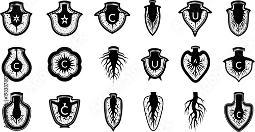 Abstract set of black and white botanical icons, organic seed pods and root structures silhouettes with geometric crest symbols for modern graphic design