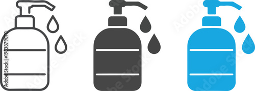 Minimalist icon set of liquid soap dispensers in line art silhouette and blue variations with droplets UI design