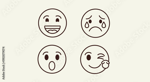 Four emoticon faces expressing happiness sadness surprise and playful smirk on neutral background