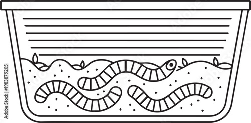 Worms in soil, compost worms, earthworms, black and white illustration, vector graphics