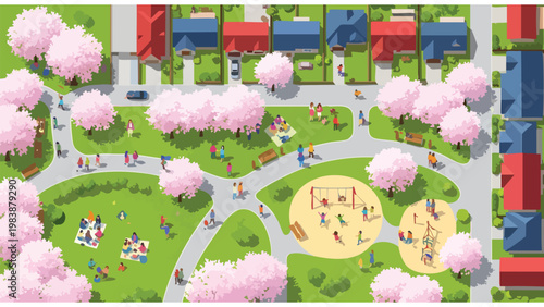 Spring Neighborhood Park Picnic & Playground Scene, People Enjoying Outdoors