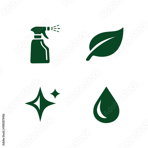 Essential Eco Friendly Cleaning Icons Spray Leaf Shine and Water Drop