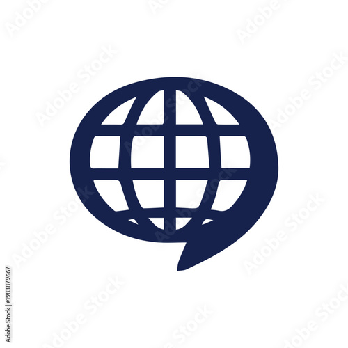 Global communication symbol a dark blue earth icon within a speech bubble shape