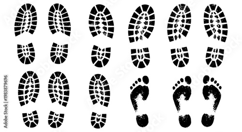 black footprints and boot prints in a walking sequence on a white background