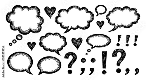 a collection of hand-drawn black and white speech bubbles thought balloons and communication symbols for design