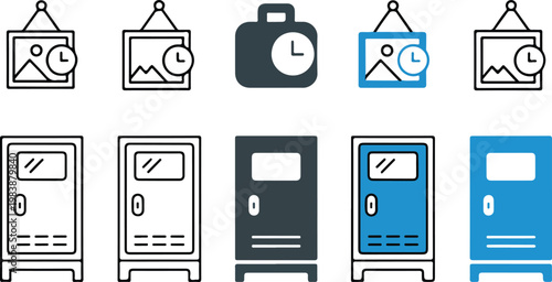 Minimalist icon set of school lockers and framed artwork in line art solid and blue variations on white background