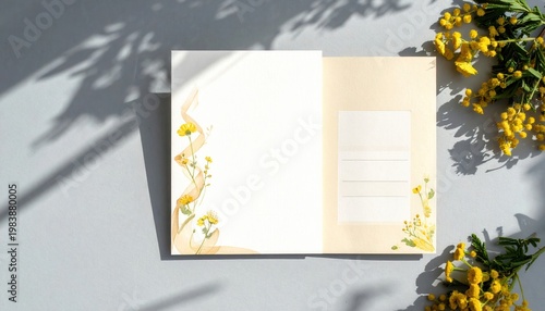 Carte de vœux ouverte avec illustrations florales de mimosa jaune sur un fond gris minimaliste avec des ombres de feuilles ensoleillées.