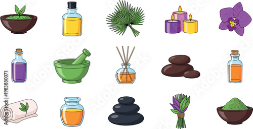 Spa and Wellness Icons Including Essential Oils, Candles, Stones, and Natural Ingredients for Relaxation and Self-Care Designs