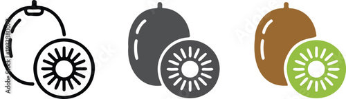 Minimalist kiwi fruit icon set in line art, solid, and color variations showing whole fruit and cross section