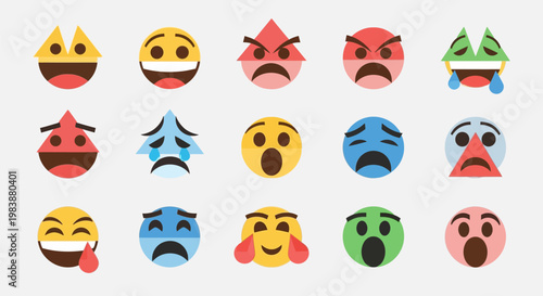 Collection of colorful emoticon faces expressing various emotions on white background