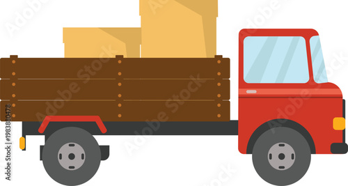 Illustration of a red flatbed truck loaded with brown cardboard boxes, ready for delivery or transport, representing logistics and moving services