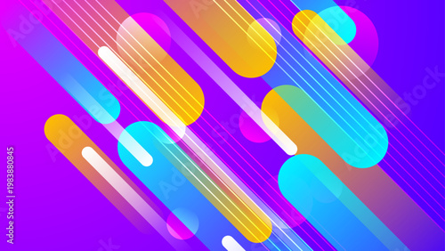 Stylish purple background with overlapping gold and blue translucent rounded shapes and lines
