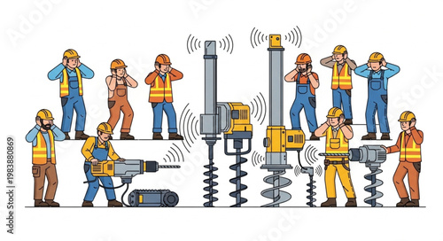 Construction workers experiencing loud noise from drilling equipment.