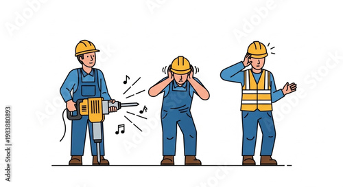 Construction workers experiencing loud noise from jackhammer and covering ears.