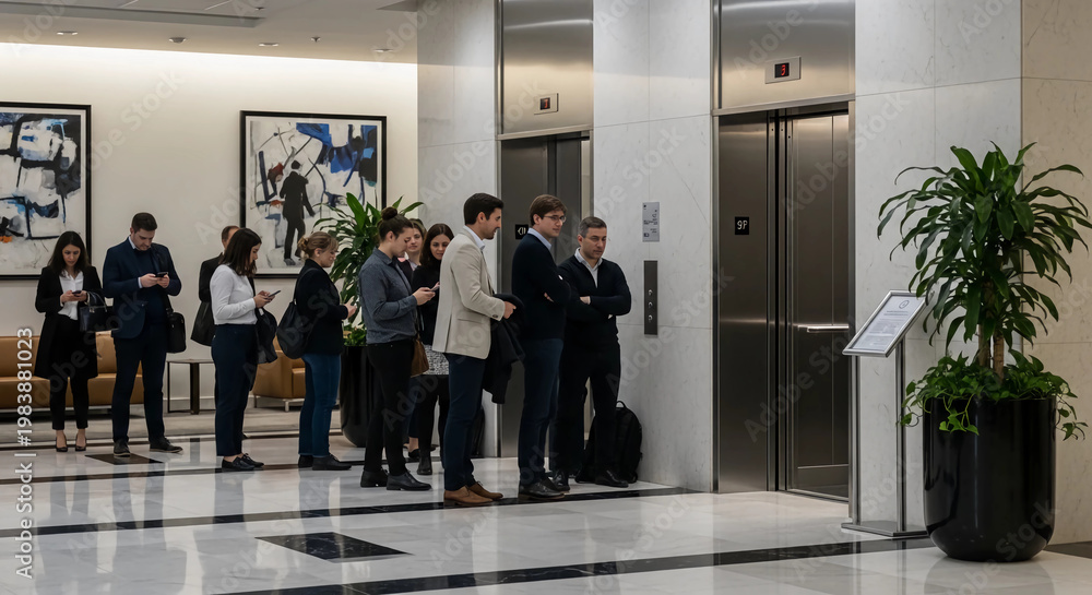 Fototapeta premium A group of people are queuing in front of the elevator door.