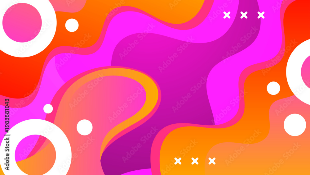 Fototapeta premium Playful orange and pink abstract background featuring vibrant fluid curves and overlapping wavy gradients with white dots