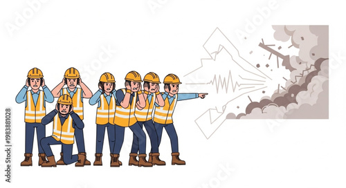 Construction workers react to dust cloud explosion safety concept.