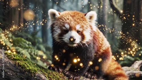 Mystical animal footage of red panda in an enchanted forest