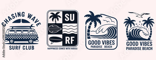Vászonkép Retro Surf Vibe T- Shirt Graphics with Van Palm Trees Waves and Text surfing bea