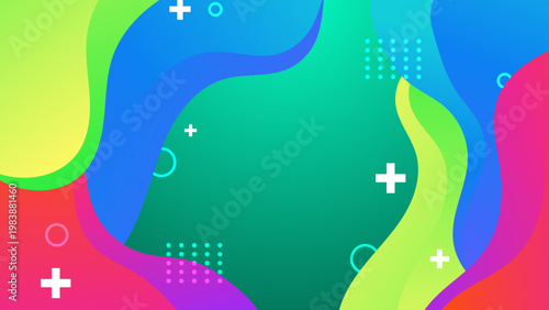 Vibrant multi color liquid waves accented with white crosses and green geometric patterns for youthful and energetic branding