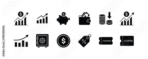 Collection of financial icons representing growth, savings, payments, and value with distinct visual styles and color palettes for diverse business themes.