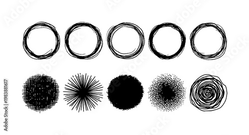 hand-drawn vector black white abstract shapes grunge textures radial elements perfect for graphic design.